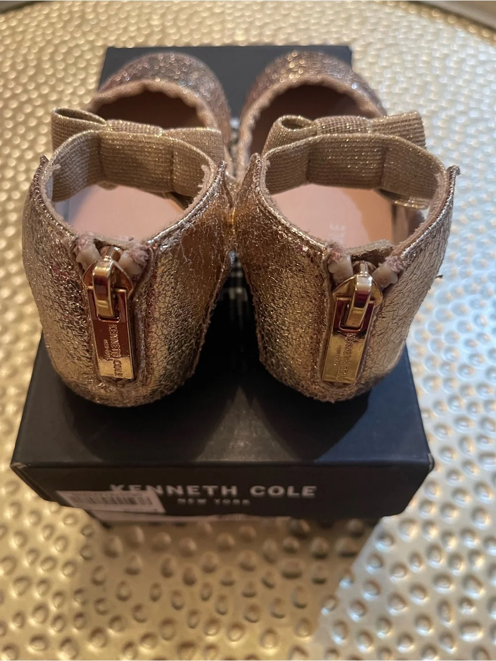 Kenneth Cole New York Girls Metallic Rose Gold Bow Mary Jane Flats
